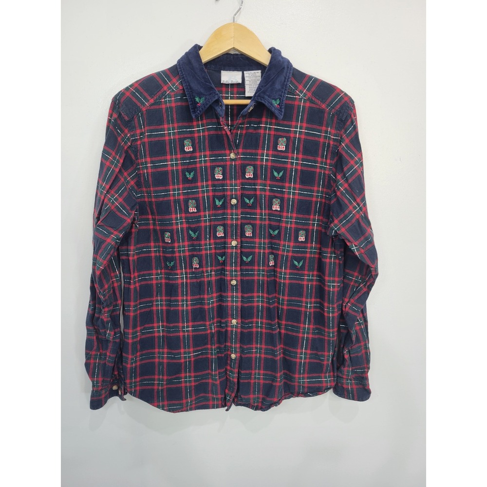 Womens Plaid Button Down Shirt Long Sleeve‎ Embroidered Holiday Velvet Collar XL
